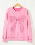 Plus Size Waffle Bowknot Patchwork Mineral Wash Sweatshirt