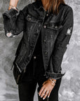 Denim Lapel Distressed Raw Hem Buttoned Jacket