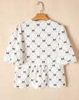 Ezra Bowknot Print Front Knots Bubble Sleeve Blouse