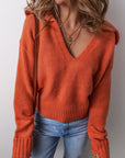 Solid Collared V-Neck Ribbed Edge Sweater