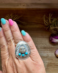 Cowboy Hat Ring with Kingman Turquoise – Triple Stone – Size 7.5 – Sterling Silver