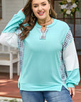 Plus Size Plaid Patchwork Corded Knit Long Sleeve Top
