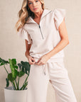 Textured Ruffle Sleeve Zipped Top and Wide Leg Pants Set
