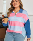 Blue Stripe Colorblock Patchwork Zip up Plus Size Pullover