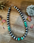 19 Inch 14 mm Sterling Silver Pearls necklace with Australian Green Grass Agate