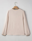 Contrast Trim Scallop V-Neck Long Sleeve Blouse