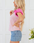 Rosie Stripe Ruffled V Neck Cap Puff Sleeve Top