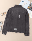 Denim Lapel Distressed Raw Hem Buttoned Jacket