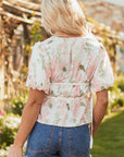 Alaiya Floral Puff Sleeve V Neck Tied Front Peplum Blouse