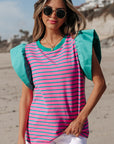 Adrianna Stripe Ruffled Sleeve Crew Neck Blouse