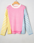 Esther Striped Patchwork Dolman Sleeve Slit Sweater