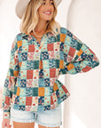 Floral Patchwork Long Sleeve Collared V-Neck Blouse