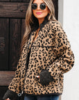 Leopard Zip-Up Stand Neck Side Pocket Jacket