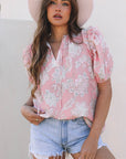 Cattleya Floral Drawstring V Neck Puff Sleeve Loose Blouse