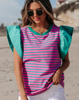 Adrianna Stripe Ruffled Sleeve Crew Neck Blouse