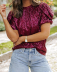 Lenora Glittering Sequin Short Bubble Sleeve Blouse