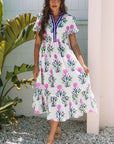 Julietta Floral Puff Short Sleeve V Neck High Waist Maxi Dress