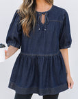 Gracelyn Puff Sleeve Lace-up Neckline Denim Blouse