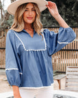 Nevaeh Lace Ric Rac 3/4 Puff Sleeve Collared Babydoll Blouse
