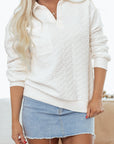 Textured Knit Collared V-Neck Pullover Sweatshirt