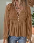 Solid Smocked Split V-Neck Buttoned Blouse