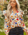 Apricot Ruffled Shoulder Long Sleeve Floral Blouse