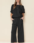Textured Loose Fit T Shirt and Drawstring Pants Set