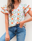 Belen Floral Layered Flutter Sleeve Rac Trim Blouse