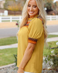 Jazlyn Geometric Short Puff Sleeve Frilled Blouse
