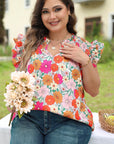 Kimber Plus Floral Notched Neck Ruffle Sleeve Blouse