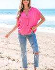 Janelle Distressed Hem Short Sleeve Button Sweater