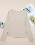 Solid Ribbed Lace Neckline Long Sleeve Top