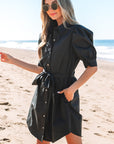 Malaya Button Up Tie Waist Puff Sleeve Mini Dress