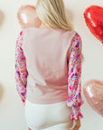 Floral Patchwork Smocked Lantern Sleeve Top