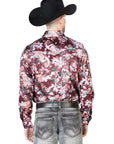 Wine And Beige Flower Print Casual Long Sleeve Shirt 43936