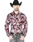 Wine And Beige Flower Print Casual Long Sleeve Shirt 43936