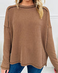 Solid Corded Knit Reverse Seam Long Sleeve Top