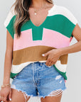 Stripe Colorblock V-Neck Sweater T-Shirt
