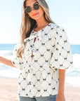Ezra Bowknot Print Front Knots Bubble Sleeve Blouse
