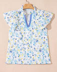 Floral Frilled Notched V-Neck Blouse