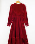 Olivia Velvet Buttoned Puff Sleeve V Neck Split Midi Dress