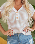Stripe Button Front V-Neck T-Shirt