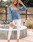 Oakley Tied Front Long Puff Sleeve Denim Top