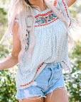 Angie Boho Embroidered Floral Print Flutter Sleeve Blouse