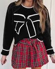 Bow Contrast Trim Long Sleeve Cropped Christmas Sweater