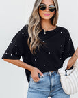 Demi Pearl Beaded Drop Shoulder Crewneck Top