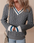 Kayle Ribbed Edge Cable Knit V Neck Sweater