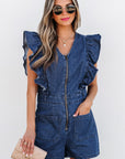 Amora Denim Ruffled Zipped Front Belted Romper