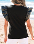 Leather Patchwork Ruffle Sleeve Blouse