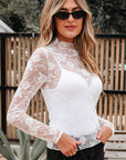 Myla Sheer Floral Lace Mesh Mock Neck Long Sleeve Top